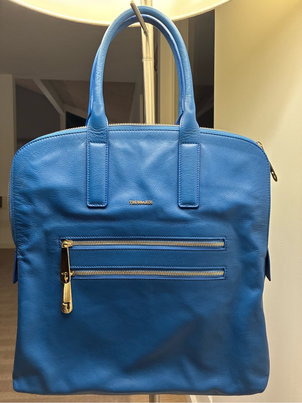 Trussardi Bright Blue Leather Laptop Tote with Gold Hardware (Brand New)